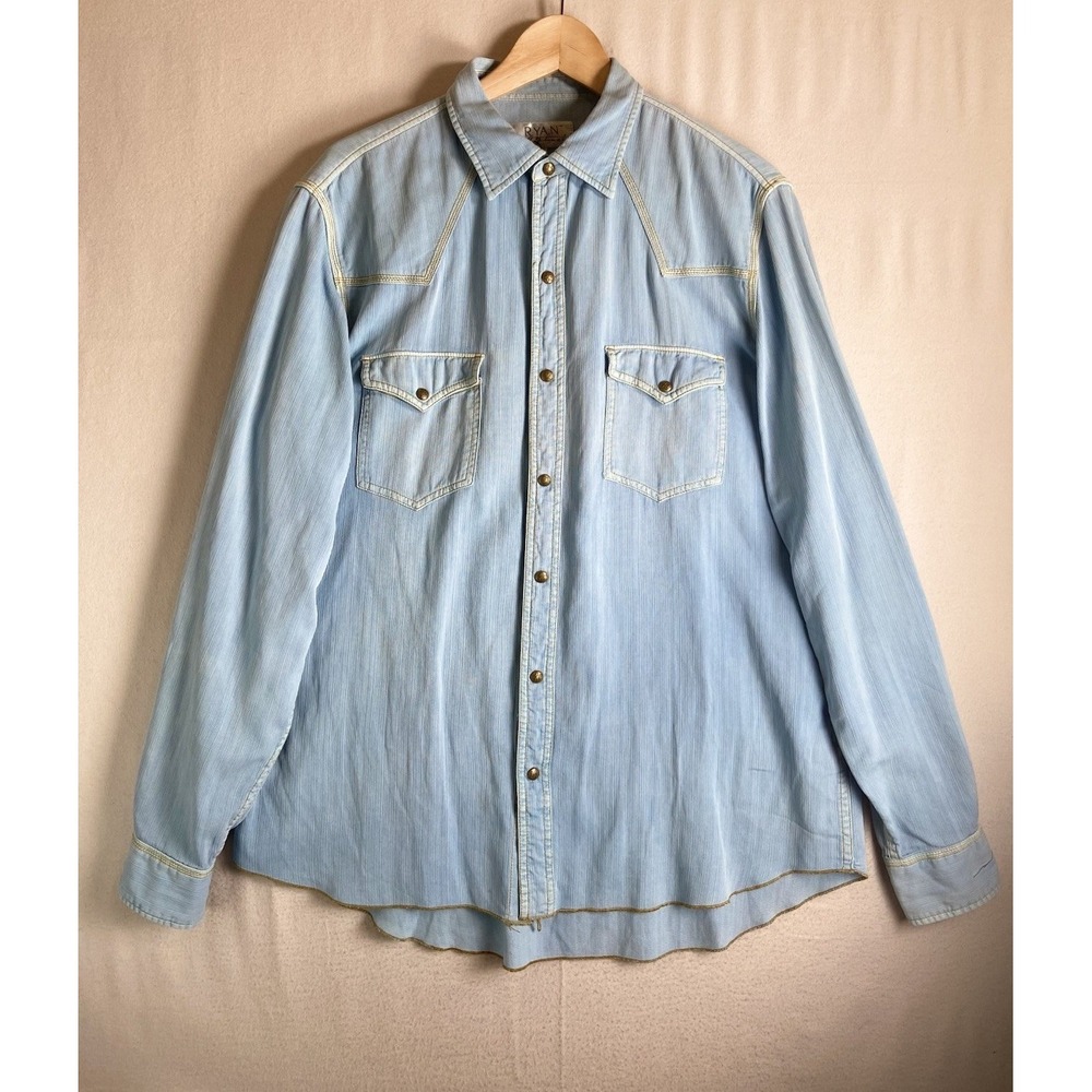 Ryan Michael Western Shirt Mens L Silk Blend Textured Slub Blue Whipstitch Snap